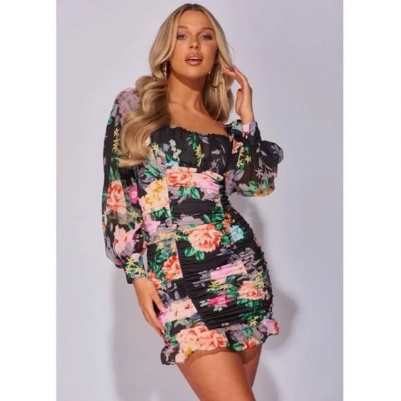 Black Floral Print Irregular Square Neck Short Sleeve A-line Midi Dress